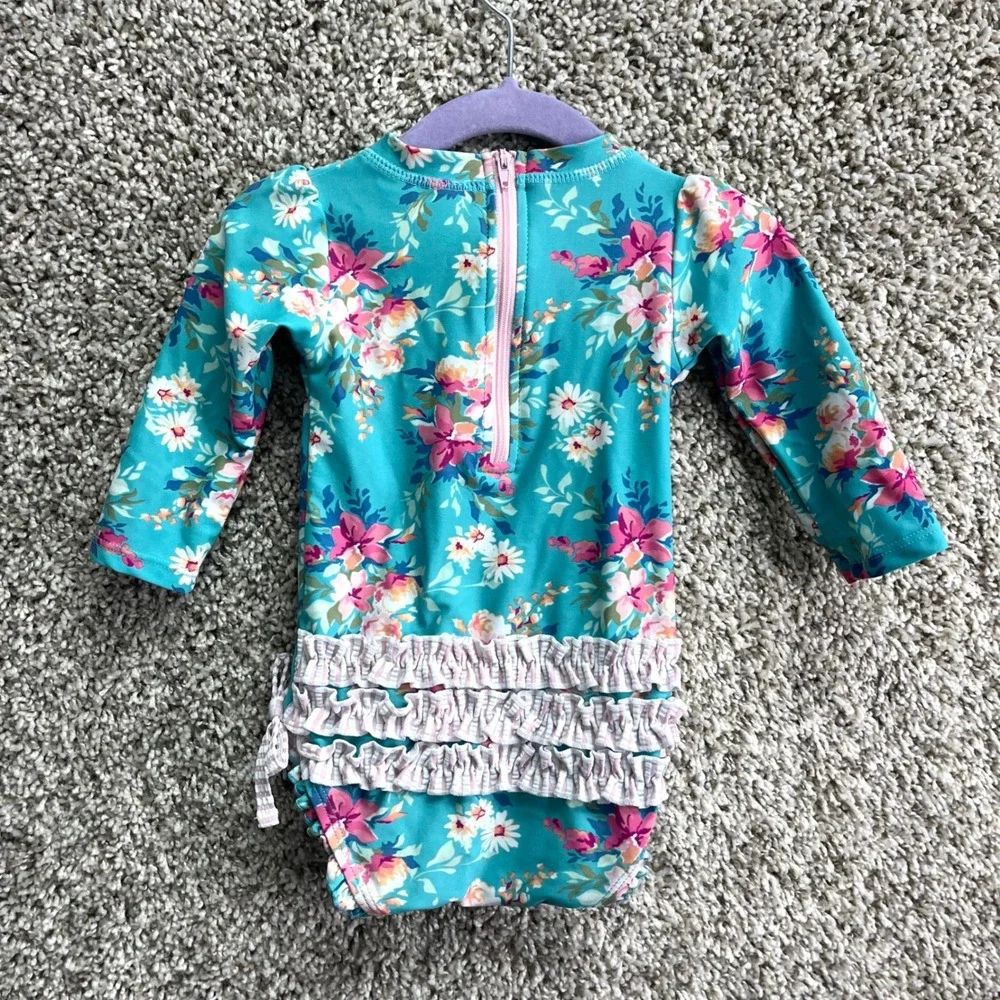 Ruffle Butts Swimsuit‎ Baby 6-12M Teal Floral Long Sleeve One Piece Rash Guard